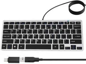 Ultra-Slim 78keys USB Mini Wired Keyboard with Media Hotkeys for Apple Mac Pro, MacBook 56Pro/ iMac, Air, Mac mini, Laptop Computers, Windows PC 11/10/8/7, with USB-A to C OTG Adapter, Silver Black