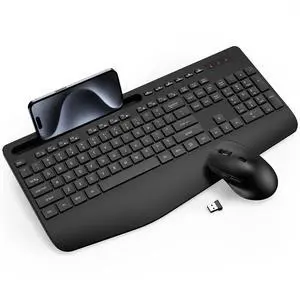 Wireless Keyboard and Mouse Combo - Full-Sized Ergonomic Keyboard with Wrist Rest, Phone Holder, Sleep Mode, Silent 2.4GHz Cordless Keyboard Mouse Combo for Computer, Laptop, PC, Mac, Windows -Trueque