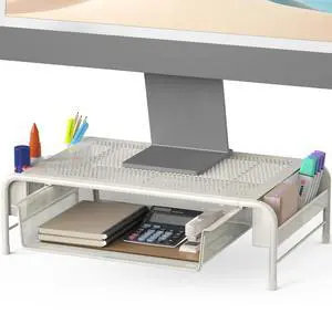 Simple Houseware Metal Desk Monitor Stand Riser with Organizer Drawer, White