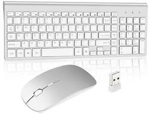 Wireless Keyboard and Mouse, Full Size USB portables Plug and Play Low Profile Quiet Compact for Mac PC Laptop Tablet Windows Bright Gray Silver