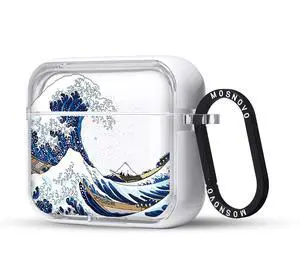 MOSNOVO for Airpods 3 Case, for Airpods 3 Cover, Great Wave Print Protective Clear Case with Shockproof Dual Layer Hard Luxe Metal Ring Designed for AirPods 3rd Generation