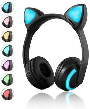 Luckyu Wireless Bluetooth Cat Ear Headphones with Mic 7 Colors LED Light Flashing Glowing On-Ear Stereo Headset Compatible with Smartphones PC Tablet