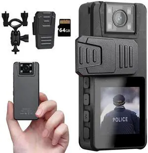 Body Camera 3000mAh, 1296P Camcorder with IR Night Vision, 180deg Rotatable Lens and 2 Sturdy Clips, 64GB Body Cam with Audio and Video Recording, Ideal for Police Cycle Delivery Home