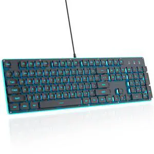 surmen G1000 Backlit Full Size Office Keyboard 104 Keys with Metal Panel, Silent Membrane USB Wired Gaming Keyboard for PC, Desktop, Computer(Black)