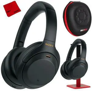 Sony WH1000XM4/B Premium Noise Cancelling Wireless Over-The-Ear Headphones with Built in Microphone Black Bundle with Deco Gear Hard Case + Pro Audio Headphone Stand + Microfiber Cleaning Cloth