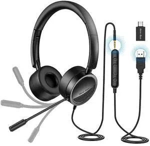 New bee USB Headset with Mic for PC, On-Ear Computer Laptop Headphones with Noise Cancelling Microphone & USB-C Adapter for Home Office Online Class Skype Zoom (Black)