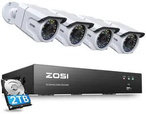 ZOSI 4K Ultra HD Security Camera System,4pcs 8MP IP66 Weatherproof Outdoor Surveillance Bullet Cameras,Color Night Vision,Human Detection,8 Ports 16CH 4K Video NVR with 2TB HDD for 24/7 Recording