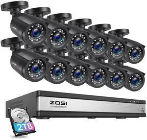 ZOSI 3K Lite 16 Channel Security Camera System Outdoor,AI Human Vehicle Detection,Night Vision,12pcs 2MP Weatherproof Surveillance Camera,H.265+ 16CH 1080P CCTV DVR with 2TB HDD for 24/7 Recording