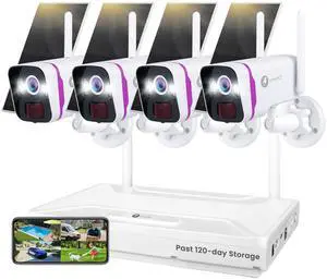 xmartO Solar Security Cameras Wireless Outdoor, WiFi6 NVR with 64GB Micro SD Card, 4 PCs 4MP QHD Home Security Camera System with 10CH Expandable NVR, 120 Days Local Storage, All-Weather Solar Charge