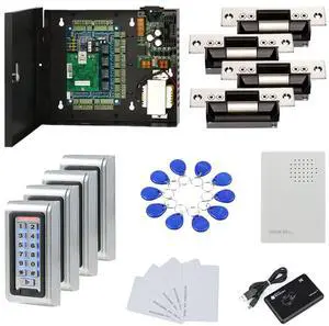 MENGQI-CONTROL Waterproof Metal Keypad Reader Standard North American Strike Lock TCPIP 4 Doors Access Control Systems 110-240V Power Box +RFID Key Fob/Card