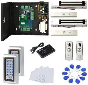 MENGQI-CONTROL Waterproof Metal Keypad Reader TCP/IP 2 Doors Access Control Kit Outdoor Install Magnetic Lock Metal Exit Button 110V Power Box RFID Cards/Key Fob(Phone APP remotely Open Door)