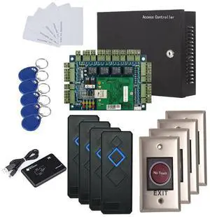 MENGQI-CONTROL 4 Doors IP Based Security Access Control Kit with Metal Case 110V Power Box RFID Reader+Infrared Exit Button+Desktop Enroll Reader+RFID Keychains/Cards APP remotely Open Door