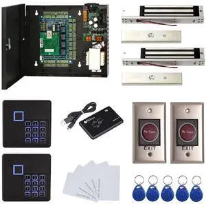 MENGQI-CONTROL 2 Door Access Control Board System 600lbs Electromagnetic Lock Infrared NoTouch Exit Button Keypad Reader 110~240V Power Supply Box USB Enroll Reader Card Key Fob APP remotely Open Door