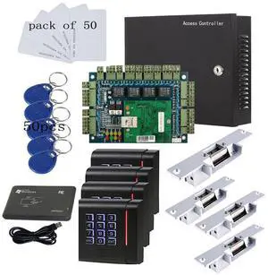 MENGQI-CONTROL RFID Keypad Access Control System Card or PIN Code Open 4 Doors Strike Lock Smart TCPIP Control Board Keypad Door Access 110-240V Power Supply Box