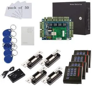MENGQI-CONTROL ANSI Standard North American Heavy Duty Electric Strike Lock TCP/IP Based 4 Doors Access Control Systems with 4 Door Wiegand Access Controller 110V-240V Power Supply Box Keypad Reader
