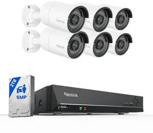 REOLINK 8CH 5MP Home Security Camera System, 6pcs Wired Outdoor PoE IP Cameras with Person/Vehicle/Pet Detection, 4K/8MP 8CH NVR with 2TB HDD for 24-7 Recording, RLK8-410B6-5MP