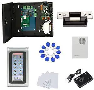 MENGQI-CONTROL Waterproof Metal Keypad Reader Standard North American Strike Lock TCPIP 1 Door Access Control System 110-240V Power Box +RFID Key Fob/Card