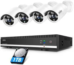 JouSecu Wired Security Camera System 4pcs 5MP Wired HD Outdoor POE IP Cameras, 3K 8CH NVR with 1TB HDD, True Plug & Play Home CCTV for Night Vision 24/7 Recording