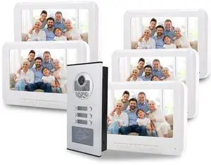 5 Units Apartments Video Intercom System 7 inch Video Doorbell Door Phone Kits Indoor Outdoor IR Camera 2 Way Intercom for 5-Household Home Apartment