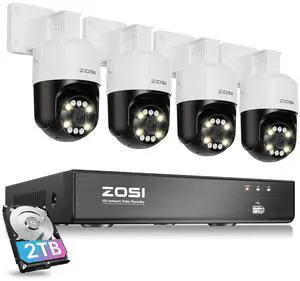 ZOSI 4K PoE Security Camera System with AI Face Person Vehicle Detection, 4 x 5MP 3K Outdoor Auto Tracking PT PoE Camera with 5X Digital Zoom, 2-Way Audio, 8CH 8MP NVR with 2TB HDD (16CH Expandable)