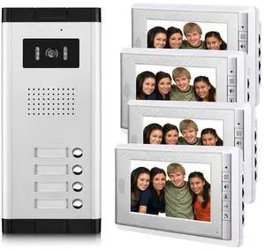 AMOCAM Apartment Video Intercom System, 4 Household Video Doorbell Kits, Wired 7 Inches Monitor, IR Outdoor Camera Support Monitoring, ID Unlock, 2 Way Intercom, 1- Camera and 4-Screen