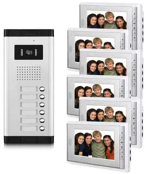 AMOCAM 6 Units Apartment Video Intercom System, 7 inch Monitor Wired Video Door Phone Kit, Indoor Outdoor Video Doorbell, ID Keyfobs Unlock, 2 Way Audio, 6-Screen for Home Apartment