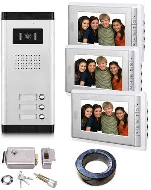 AMOCAM 3 Units Apartment Video Intercom System, Wired Video Door Phone Include Electronic Door Lock + 150FT RVV4 Wire