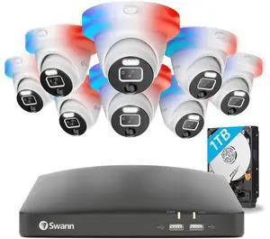 Swann 1080p HD Security Camera System, 8-Ch DVR with 1TB HDD, 8 Indoor/Outdoor Wired Dome Cameras, 24/7 Home Surveillance, Color Night Vision, Weatherproof, True Detect, Flashing & Spotlights,4680