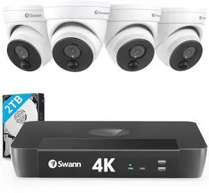 Swann 4K Master Security Camera System, 80deg Wide Angle for Indoor/Outdoor Wired Home Surveillance, 8 Channel NVR with 2TB HDD, 4X Dome IP Cameras, Vandal-Resistant, Night Vision, True Detect,876804D
