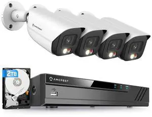 Amcrest 5MP Security Camera System, 4K 8CH PoE NVR, (4) x 5-Megapixel Night Color Bullet POE IP Cameras, Active Deterrent, Pre-Installed 2TB Hard Drive, NV4108E-B1276EW4-2TB (White)