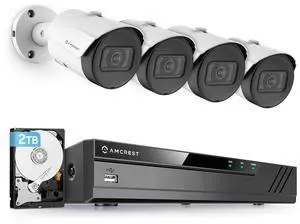 Amcrest 5MP Security Camera System, 4K 8CH PoE NVR, (4) x 5-Megapixel 2.8mm Wide Angle Lens Weatherproof Metal Bullet POE IP Cameras, Pre-Installed 2TB Hard Drive, NV4108E-IP5M-B1186EW4-2TB (White)