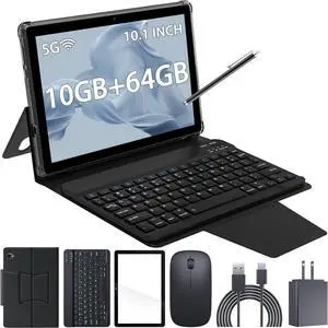 YQSAVIOR 2 in 1 Tablet 10 inch, Android 12 Tablets with Keyboard, 10GB RAM 64GB ROM 1TB Expandable Tablet PC, IPS Screen, 2+8MP HD Camera, WiFi, BT 5.0,1 Set, Black