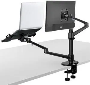 Viozon Monitor and Laptop Mount, 2-in-1 Adjustable Dual Arm Desk Mounts Single Desk Arm Stand/Holder for 17 to 32 Inch LCD Computer Screens, Extra Tray Fits 12 to 17 inch Laptops (Black)