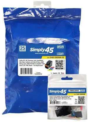 Simply45 Cat5e UTP 180 Degree Keystone Jack Unshielded - Black, 25 Pieces - Slim Style, Toolless, w/6 Color ID Bars, 568B Wiring Label, ANSI/TIA 568.2-D - S45-3500B-25