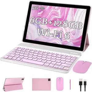 NOVOJOY 2 in1 Tablet with Keyboard Android Tablet 10 Inch Tablets, Include Mouse Case Stylus 5G-WiFi WiFi-6 128GB ROM+6GB RAM 10 in IPS 2MP+8MP Dual Camera 6000mAh Battery 10.1" FHD Android Tab