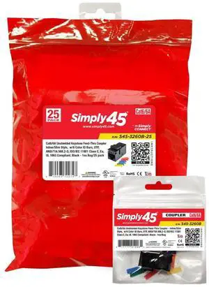 Simply45 Cat6 Unshielded Keystone Feed-Thru Coupler - Black, 25-Pack - Inline/Slim Style, Cat6 UTP, ANSI/TIA 568.2-D, ISO/IEC 11801 Class E. Supports S45 Snap-On ID Bars - S45-3260B-25