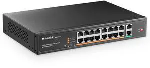 MokerLink 16 Port PoE Switch with 2 Gigabit Uplink Ethernet Port, 250W High Power, Support IEEE802.3af/at, Rackmount Unmanaged Plug and Play
