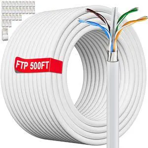 Cat 6 Outdoor Ethernet Cable 500ft Bulk (30 RJ45), Cat 6 FTP Shielded Ethernet Cables, Direct Burial, 23AWG, Heavy Duty, Waterproof, In-Ground, UV Resistant Cat6 Internet Cable for Router Gaming, CCA