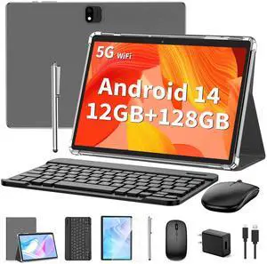 QDDQ Android Tablet with Keyboard, Android 14 Tablet, 12(6+6) GB+128GB, 1TB Expand, 2 in 1, Mouse, Stylus, 8000mAh Battery, 2.4G/5G WiFi, GPS, Silver Case