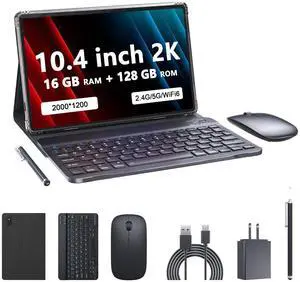 PEICHENG Tablet with Keyboard and Case, Android 13.0 10.4 Inch, 16GB RAM+128GB ROM, 2000 * 1200 2K FHD Display, Powerful 2.0Ghz CPU, 2.4G and 5G and WiFi 6, Bluetooth 5.0, 2 in 1 Tab, Black