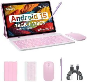 Android 15 Tablet, 10 Inch 18GB RAM+128GB ROM/ 2TB Expandable Tablet PC, Quad-core 2.0GHz Processor, 1280*800 10" HD Touch Screen, 2.4G/5G WiFi 6 BT 5.0, 2 in 1 Tablets with Keyboard Case Mouse Stylus