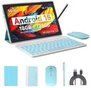 Android 15 Tablet, 10 Inch 18GB RAM+128GB ROM/2TB Expandable Tablet PC, Quad-core 2.0GHz Processor, 1280*800 10" HD Touch Screen, 2.4G/5G WiFi 6 BT 5.0, 2 in 1 Tablets with Keyboard Case Mouse Stylus