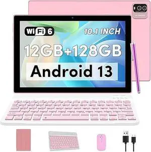 Android 13 Tablet, 10 inch 12GB RAM+128GB ROM, 2.0Ghz Quad-core Computer, 2.4G/5G WiFi6 BT 5.0 Tablet PC, 1280*800 IPS HD Screen, 2 in 1 Tablets with Keyboard Case Mouse Stylus, 6000mAH Battery Tab