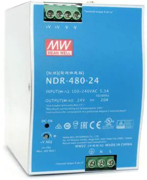 Mean Well NDR-480-24 480W 20A 24VDC Single Output AC to DC DIN Rail Power Supply (NDR Series Economical Model EMC EN55022 Class B)