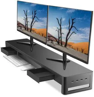 meatanty Dual Monitor Stand Riser with 2 Storage Drawers and 4 USB Ports, Metal Stand for 2 Monitors Supports Data Transfer and Charging, Desk Organizer for PC, iMac (38.7 inches)