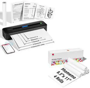 Phomemo M832 Portable Thermal Printer Black & 4 Rolls US Letter Size Thermal Printer Paper 8.5 x 11 Inch