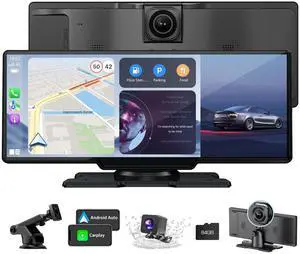 10.26" HD Wireless Android & Carplay Screen for Car, Portable Touchscreen Car Stereo with 4K Dash Cam, 1080P Backup Camera, Bluetooth, AUX/FM, Siri, Mirror Link, GPS Navigation