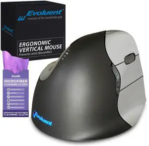 Evoluent Vertical Mouse 4 Right Hand (VM4R) - Ergonomic USB Wired Mouse for Laptop and PC with Jestik Microfiber Cloth (Regular Size) Black