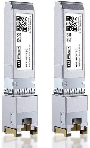 H!Fiber 2 Pack 10Gb SFP+ to RJ45 Module, 80 Meters, 10Gbase-T Ethernet SFP+ Copper Transceiver for Cisco, Meraki, MikroTik, Ubiquiti, Unifi, Netgear, D-Link and More, Cat6a/Cat7/Cat8
