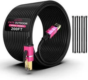 200FT Cat8 Outdoor Ethernet Cable, In-Ground, 26AWG Pure Copper Cat 8, Heavy Duty Direct Burial, LLDPE UV Jacket, Waterproof, 40Gbps 2000Mhz SFTP Patch Cord, POE, Network, Internet, with 25 Cable Ties